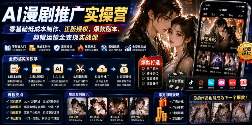 AI漫剧推广实操营｜零基础低成本制作、正版授权、爆款剧本、剪辑运镜全变现实战课-heixxmi