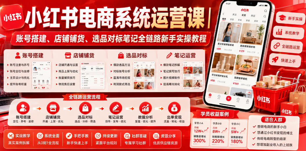 小红书电商系统运营课｜账号搭建、店铺铺货、选品对标笔记全链路新手实操教程-heixxmi