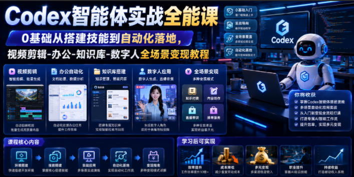Codex智能体实战全能课｜0基础从搭建技能到自动化落地，视频剪辑-办公-知识库-数字人全场景变现教程-heixxmi