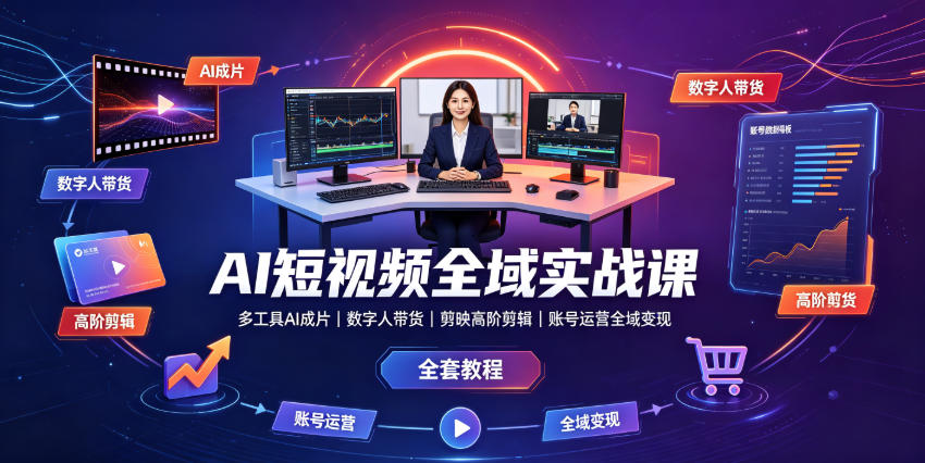 AI短视频全域实战课｜多工具AI成片、数字人带货、剪映高阶剪辑、账号运营全域变现全套教程-heixxmi