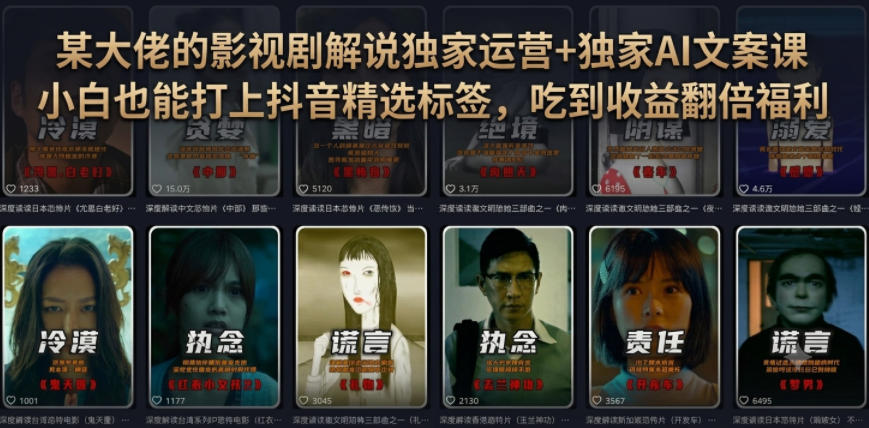 某大佬的影视剧解说独家运营+独家AI文案课，小白0粉丝也能快速打上抖音精选标签、吃到收益翻倍福利-heixxmi