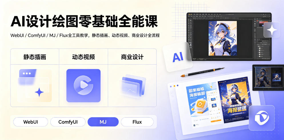 AI设计绘图零基础全能课｜WebUI/ComfyUI/MJ/Flux全工具教学，静态插画、动态视频、商业设计全流程-heixxmi