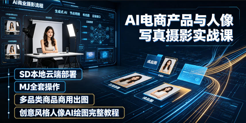 AI电商产品与人像写真摄影实战课｜SD本地云端部署、MJ全套操作、多品类商品商用出图、创意风格人像AI绘图完整教程-heixxmi