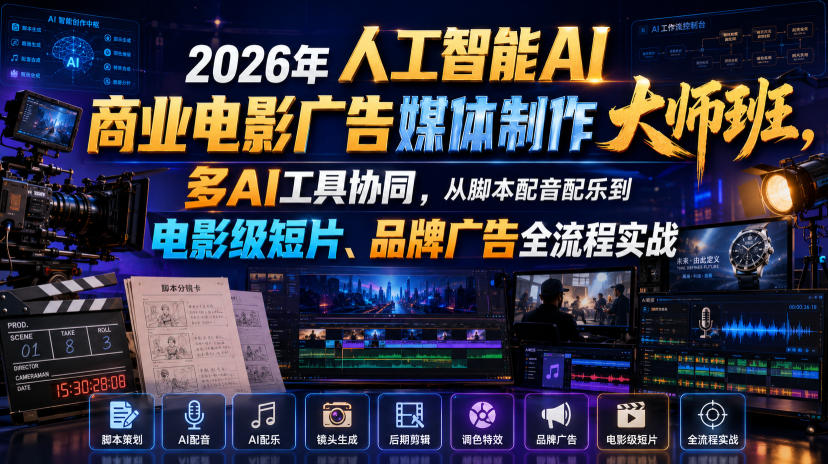 2026年人工智能AI商业电影广告媒体制作大师班，多AI工具协同，从脚本配音配乐到电影级短片、品牌广告全流程实战(中英字幕)-heixxmi