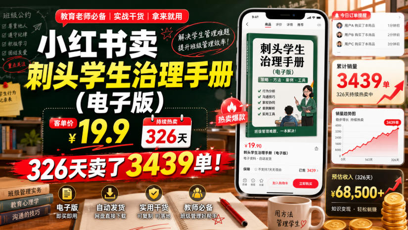 小红书卖刺头学生治理手册(电子版)，客单价19.9，326天卖了3439单！-heixxmi