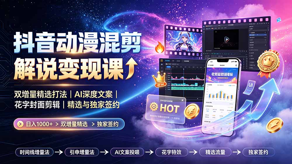 抖音动漫混剪解说变现课：双增量精选打法｜AI深度文案｜花字封面剪辑｜ 精选与独家签约日入1000+-heixxmi