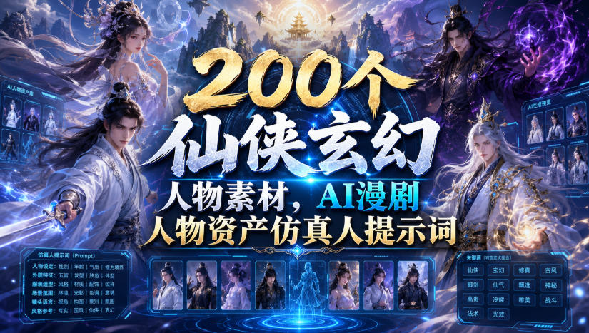 200个仙侠玄幻人物素材，AI漫剧人物资产仿真人提示词-heixxmi