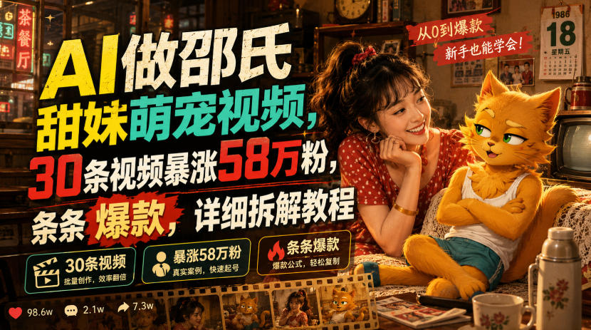 AI做邵氏甜妹萌宠视频，30条视频暴涨58万粉，条条爆款，详细拆解教程-heixxmi