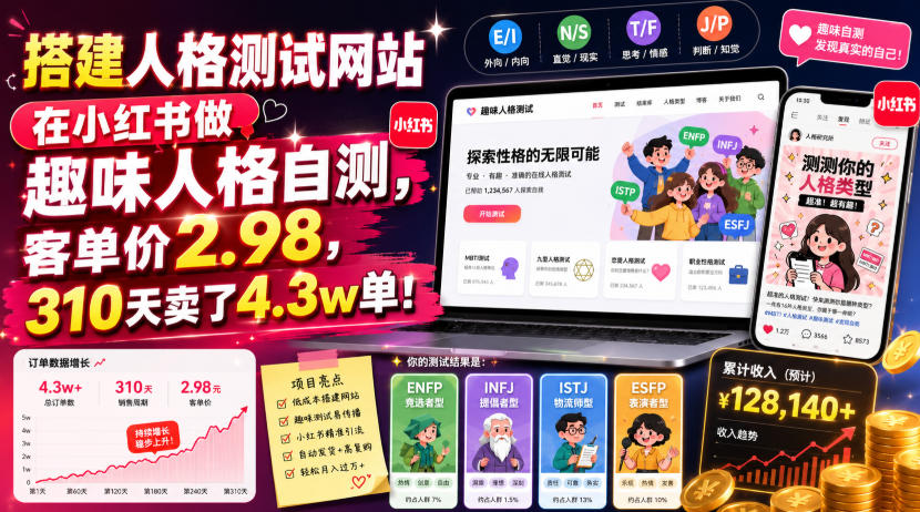 搭建人格测试网站在小红书做趣味人格自测，客单价2.98，310天卖了4.3w单！-heixxmi