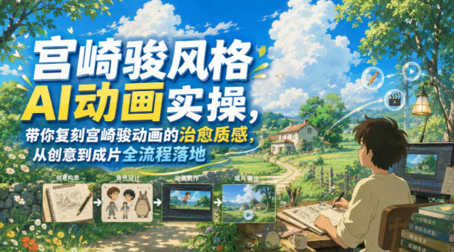 宫崎骏风格AI动画实操，带你复刻宫崎骏动画的治愈质感，从创意到成片全流程落地-heixxmi