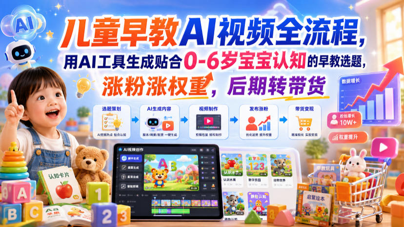 儿童早教AI视频全流程，用AI工具生成贴合0-6岁宝宝认知的早教选题，涨粉涨权重，后期转带货-heixxmi