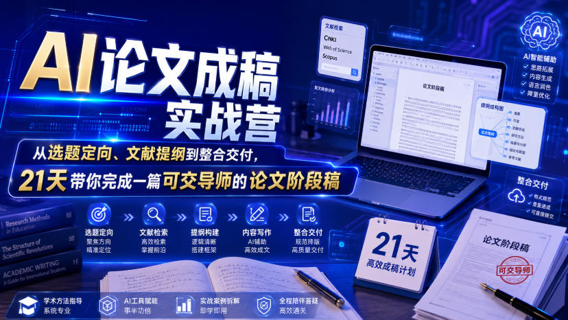 AI论文成稿实战营，从选题定向、文献提纲到整合交付，21天带你完成一篇可交导师的论文阶段稿-heixxmi