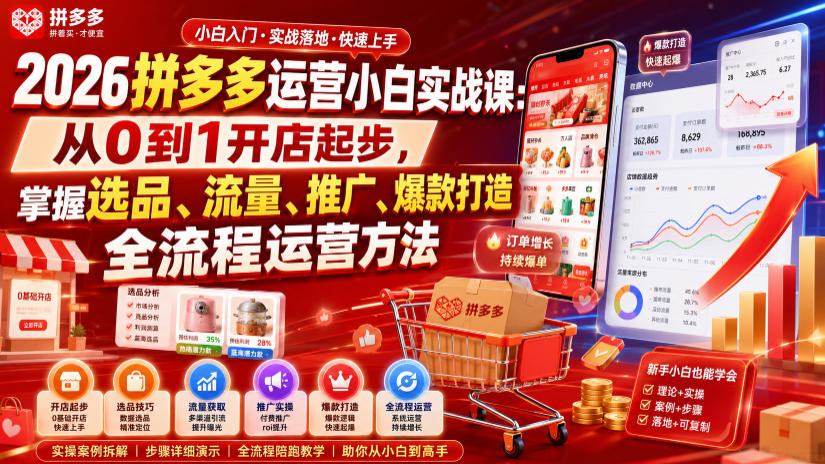 2026拼多多运营小白实战课：从0到1开店起步，掌握选品、流量、推广、爆款打造全流程运营方法-heixxmi