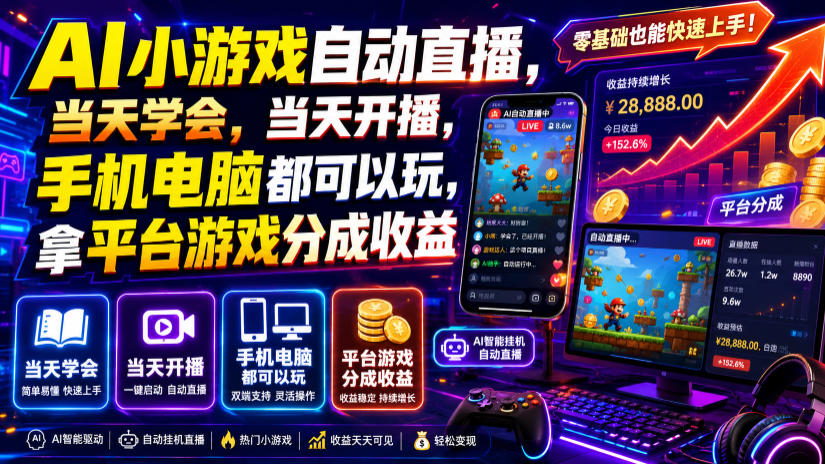 AI小游戏自动直播，当天学会，当天开播，手机电脑都可以玩，拿平台游戏分成收益-heixxmi