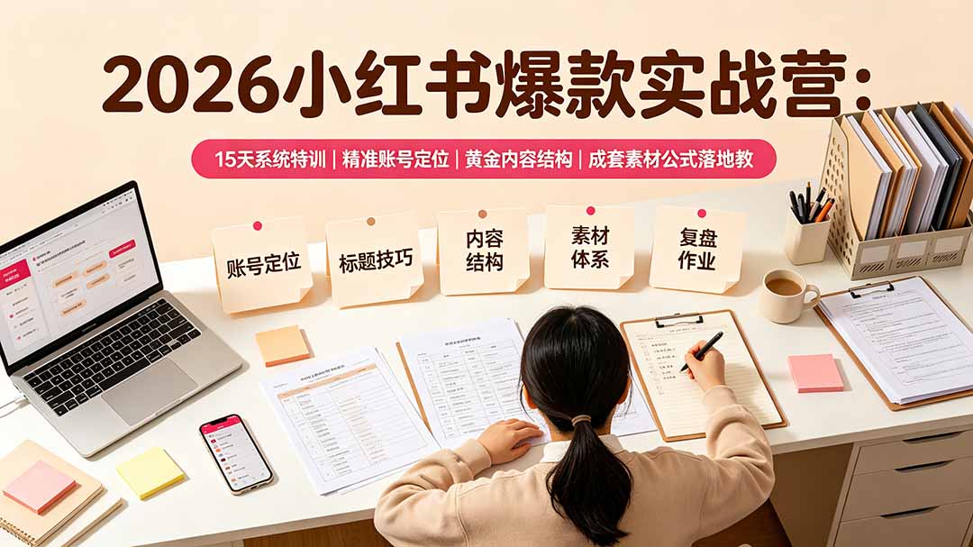 2026小红书爆款实战营：15天系统特训｜精准账号定位｜黄金内容结构｜成套素材公式落地教程-heixxmi
