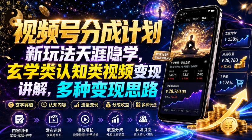 视频号分成计划新玩法天涯隐学，玄学类认知类视频变现讲解，多种变现思路-heixxmi