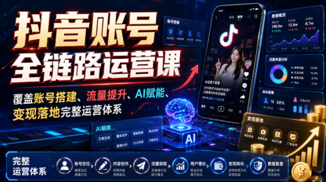 抖音账号全链路运营课，覆盖账号搭建、流量提升、AI赋能、变现落地完整运营体系-heixxmi