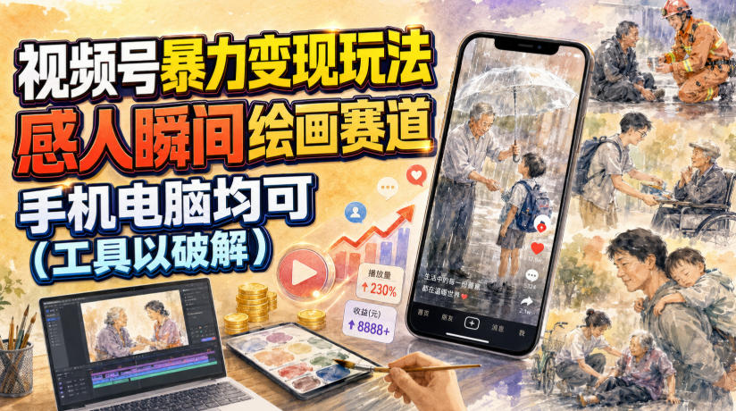 视频号暴力变现玩法，感人瞬间绘画赛道，手机电脑均可-heixxmi