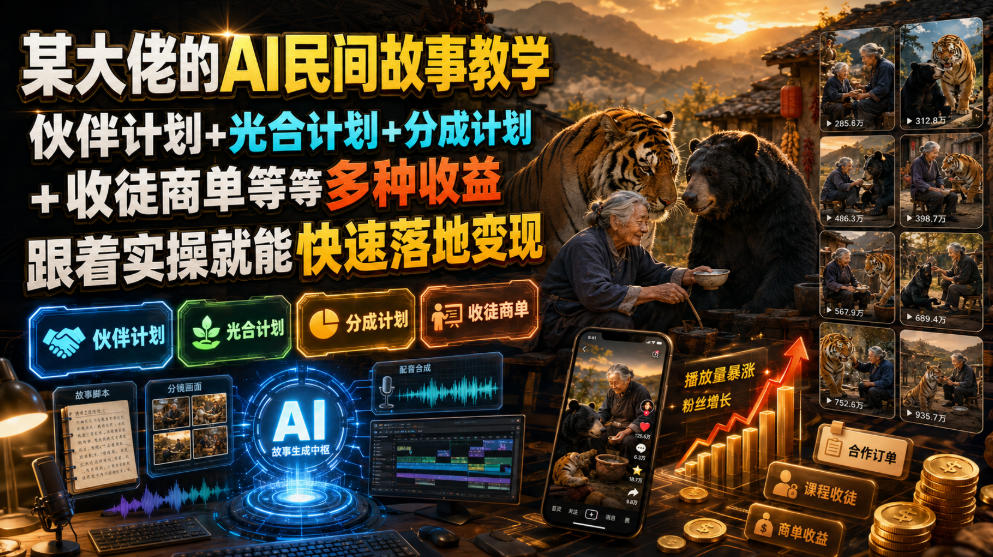 某大佬的AI民间故事教学，伙伴计划+光合计划+分成计划+收徒商单等多种收益，跟着实操就能快速落地变现-heixxmi