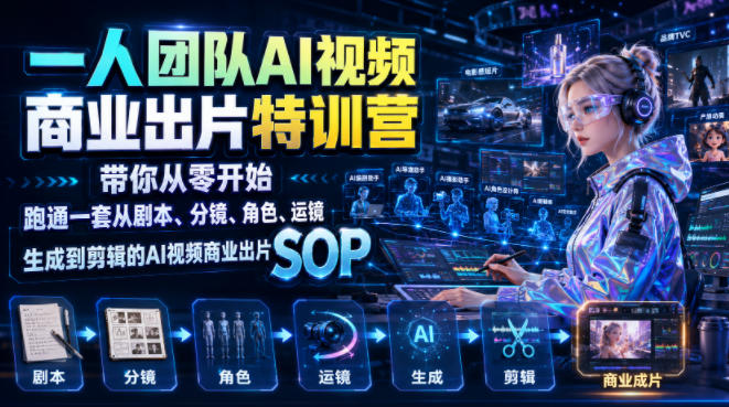 一人团队AI视频商业出片实战课：带你从零开始跑通一套从剧本、分镜、角色、运镜、生成到剪辑的AI视频商业出片SOP-heixxmi