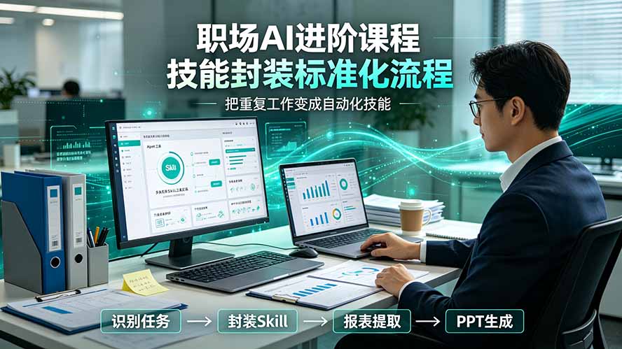 职场AI进阶课程；多类实用Skill工具实操，专属技能封装标准化流程，报表行业报告一键提取核心内容-heixxmi