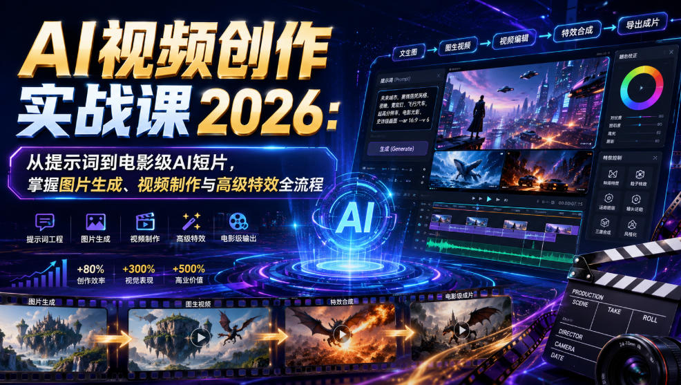 AI视频创作实战课2026：从提示词到电影级AI短片，掌握图片生成、视频制作与高级特效全流程-heixxmi