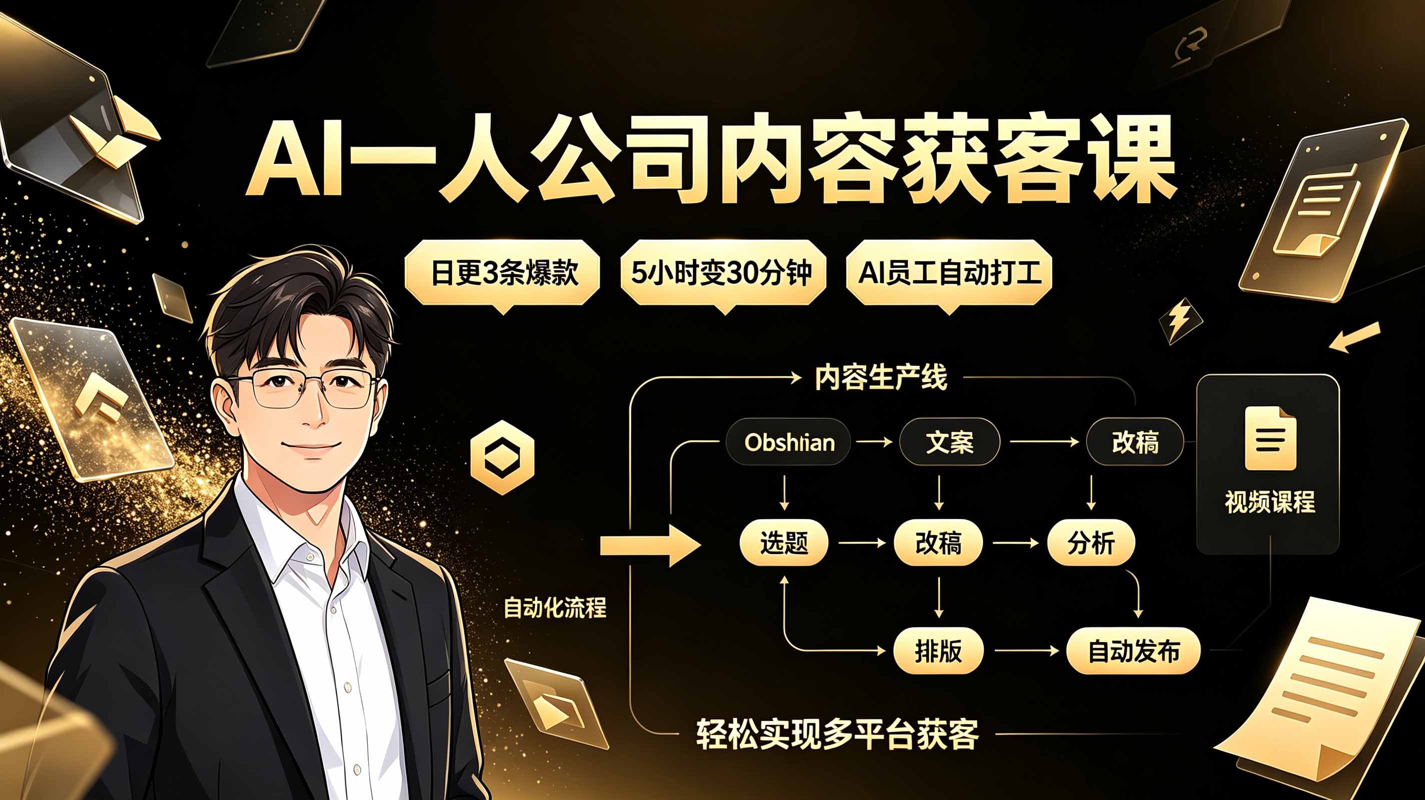 AI一人公司内容获客课：日更3条爆款×5小时变30分钟×AI员工自动打工，轻松实现多平台获客-heixxmi