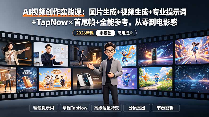 AI视频创作实战课：图片生成+视频生成+专业提示词+TapNow×首尾帧+全能参考，从零到电影感成片-heixxmi