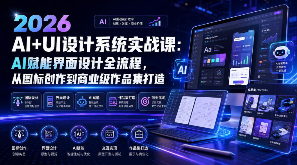 2026 AI+UI设计系统实战课：AI赋能界面设计全流程，从图标创作到商业级作品集打造-heixxmi