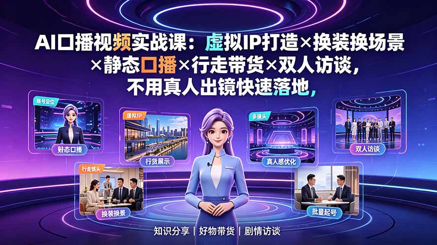 AI口播视频实战课：虚拟IP打造×换装换场景×静态口播×行走带货×双人访谈，不用真人出镜快速落地-heixxmi