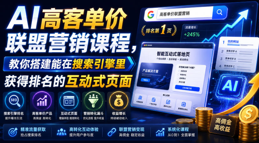 AI高客单价联盟营销课程，教你搭建能在搜索引擎里获得排名的互动式页面，引来流量，把访客转化为高佣金的成交【原创双语字幕】-heixxmi