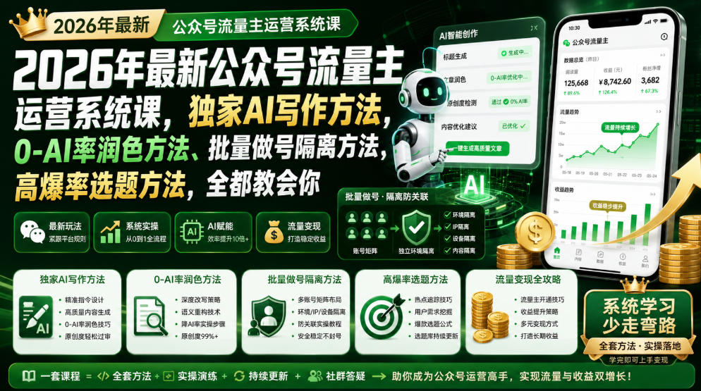 2026年最新公众号流量主运营系统课，独家AI写作方法，0-AI率润色方法、批量做号隔离方法、高爆率选题方法，全都教会你-heixxmi