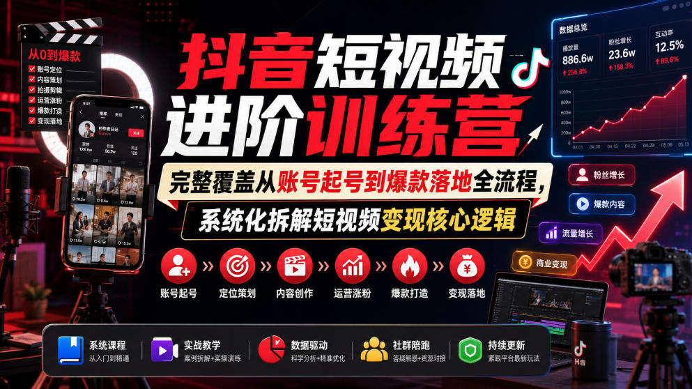 抖音短视频进阶训练营，完整覆盖从账号起号到爆款落地全流程，系统化拆解短视频变现核心逻辑-heixxmi