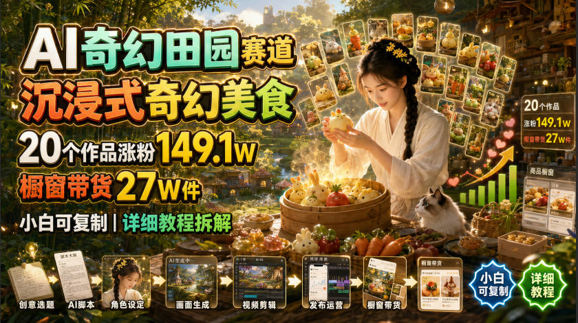 AI奇幻田园赛道，沉浸式奇幻美食，20个作品涨粉149.1W，橱窗带货27W件，小白可复制，详细教程拆解-heixxmi