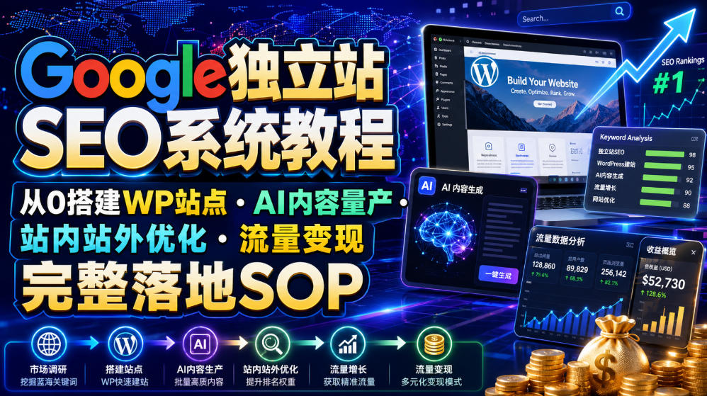 Google独立站SEO系统教程，从0搭建WP站点・AI内容量产・站内站外优化・流量变现完整落地SOP(2026年7月)-heixxmi