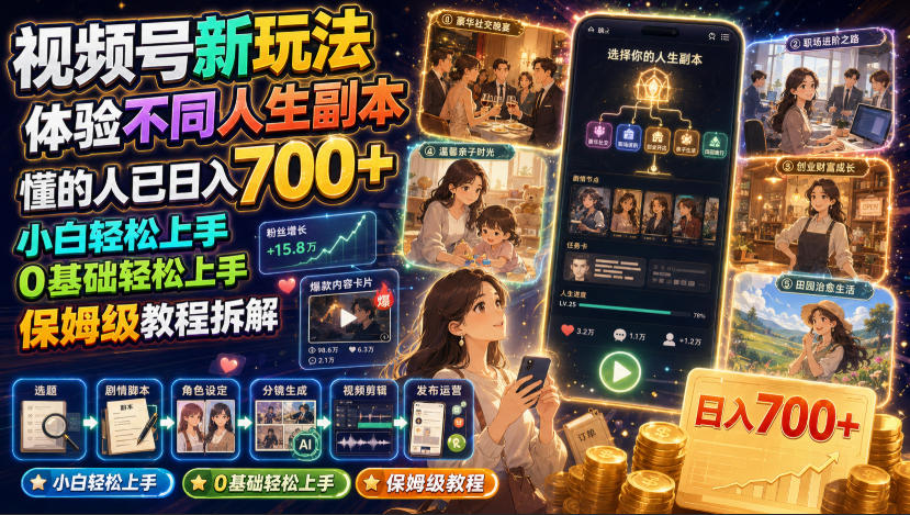 视频号新玩法体验不同人生副本，懂的人已日入700+，小白轻松上手，0基础轻松上手，保姆级教程拆解-heixxmi