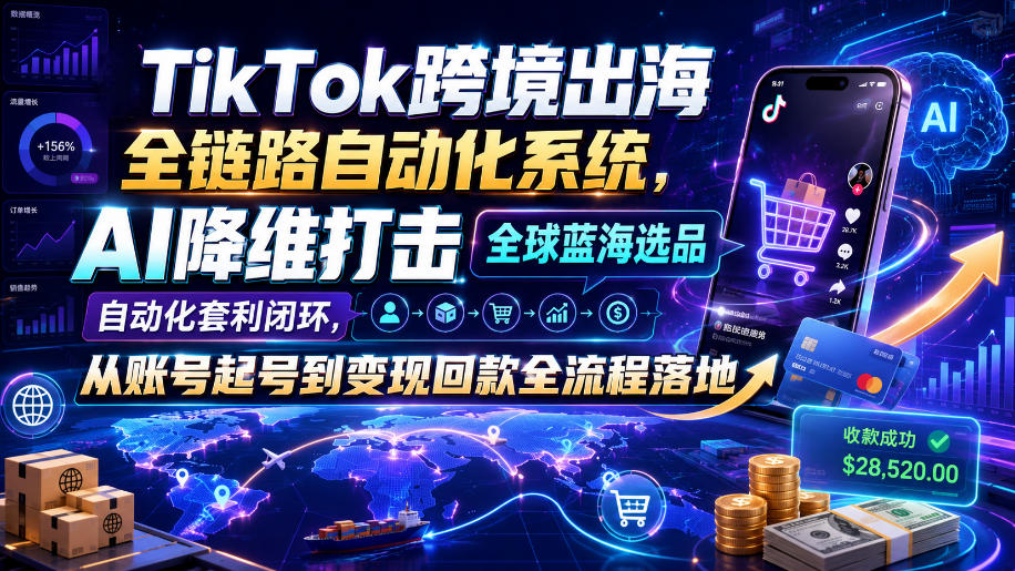 TikTok跨境出海全链路自动化系统，AI降维打击全球蓝海选品自动化套利闭环，从账号起号到变现回款全流程落地(2026年7月)-heixxmi