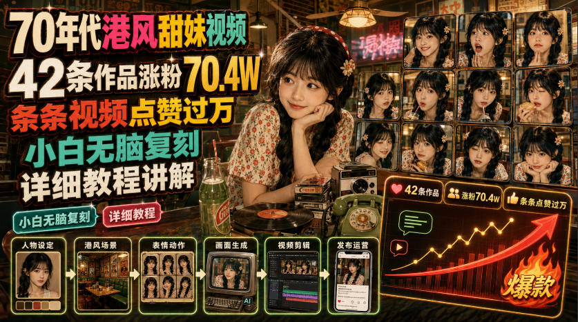 70年代港风甜妹视频，42条作品涨粉70.4W，条条视频点赞过万，小白无脑复刻，详细教程讲解-heixxmi