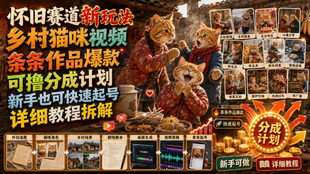 怀旧赛道新玩法，乡村猫咪视频，条条作品爆款，可撸分成计划，新手也可快速起号，详细教程拆解-heixxmi