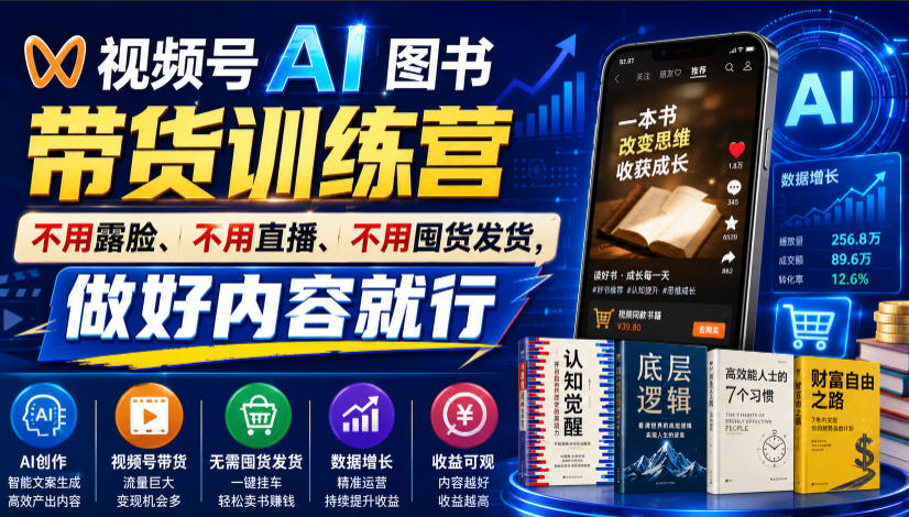 视频号AI图书带货训练营，不用露脸、不用直播、不用囤货发货，做好内容就行，一条爆款视频佣金8942-heixxmi