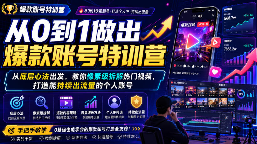 从0到1做出爆款账号特训营，从底层心法出发，教你像素级拆解热门视频，打造能持续出流量的个人账号-heixxmi