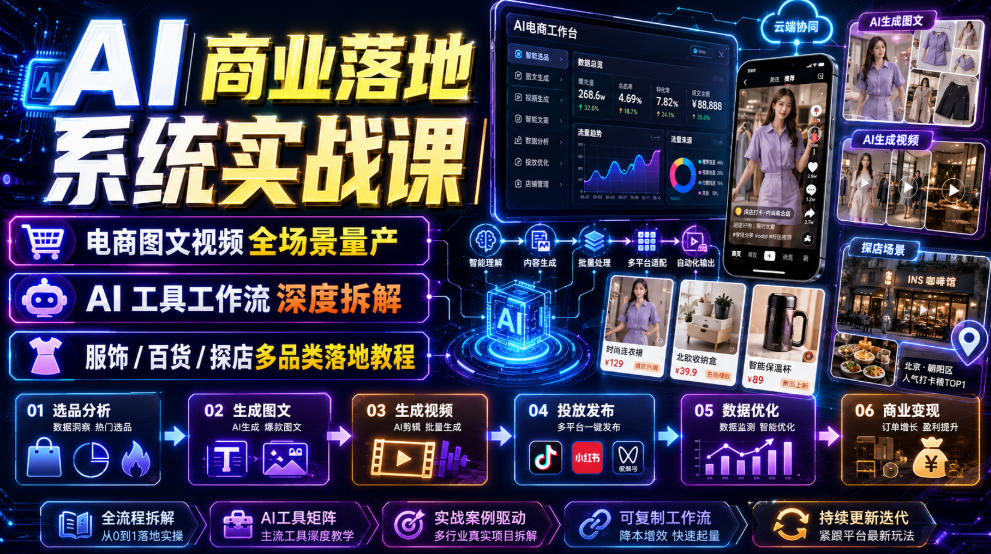 AI商业落地系统实战课｜电商图文视频全场景量产・AI工具工作流深度拆解・服饰/百货/探店多品类落地教程-heixxmi