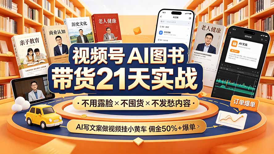 视频号AI图书带货21天实战：不用露脸×不囤货×不发愁内容，AI写文案做视频挂小黄车，佣金50%+爆单-heixxmi