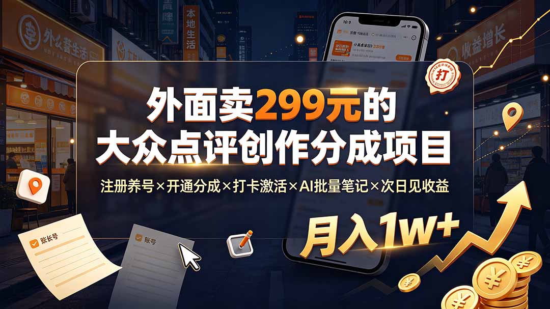 外面卖299元的大众点评创作分成项目：注册养号×开通分成×打卡激活×AI批量笔记×次日见收益，月入1w+-heixxmi