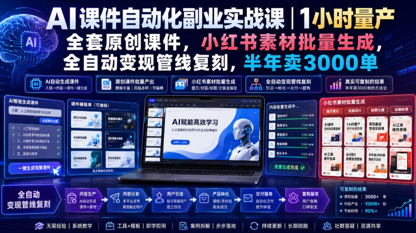 AI课件自动化副业实战课｜1小时量产全套原创课件，小红书素材批量生成，全自动变现管线复刻，半年卖3000单-heixxmi