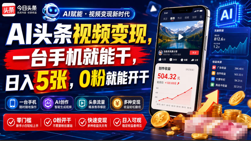 AI头条视频变现，一台手机就能干，日入5张，0粉就能开干-heixxmi