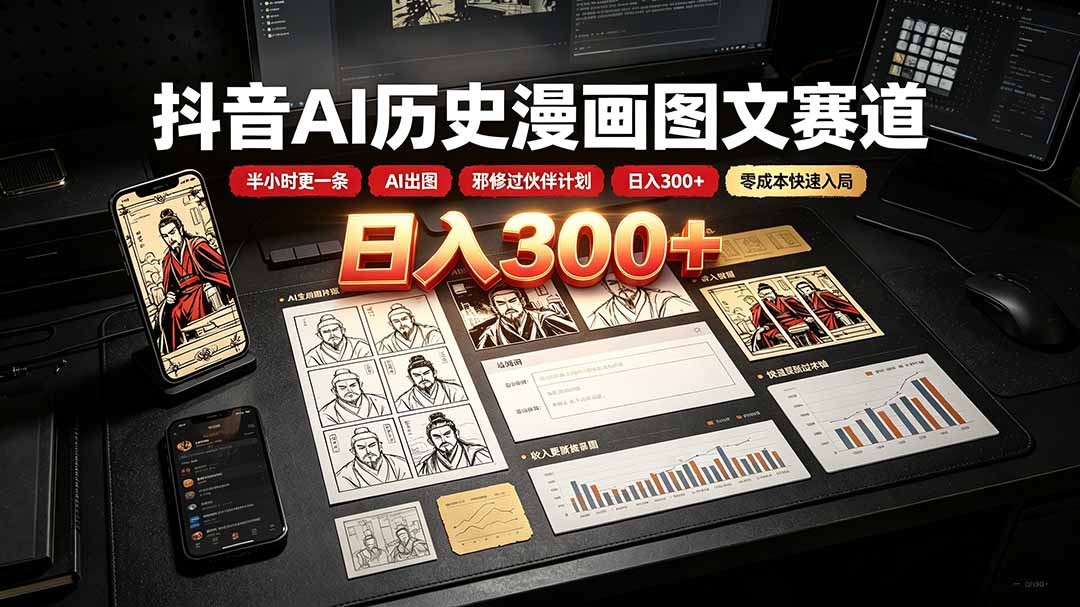 抖音AI历史漫画图文赛道：半小时更一条×AI出图×邪修过伙伴计划×日入300+，零成本快速入局-heixxmi