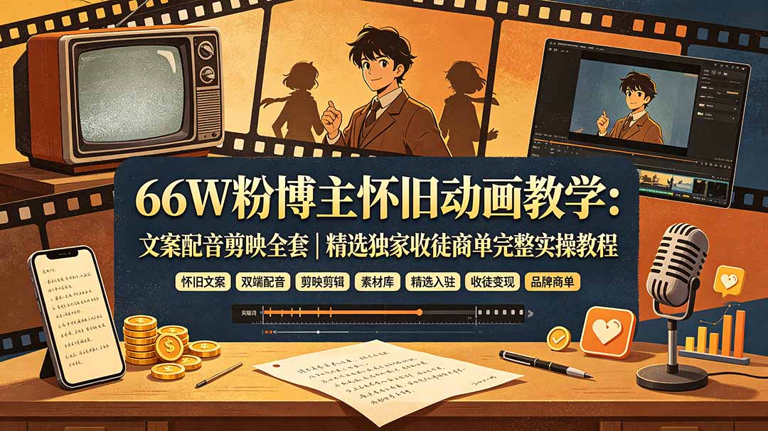 66W粉博主怀旧动画教学：文案配音剪映全套｜精选独家收徒商单完整实操教程-heixxmi