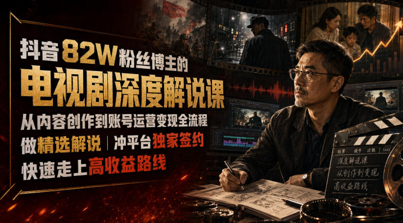 抖音82W粉丝博主的电视剧深度解说课，从内容创作到账号运营变现全流程，做精选解说，冲平台独家签约，快速走上高收益路线-heixxmi