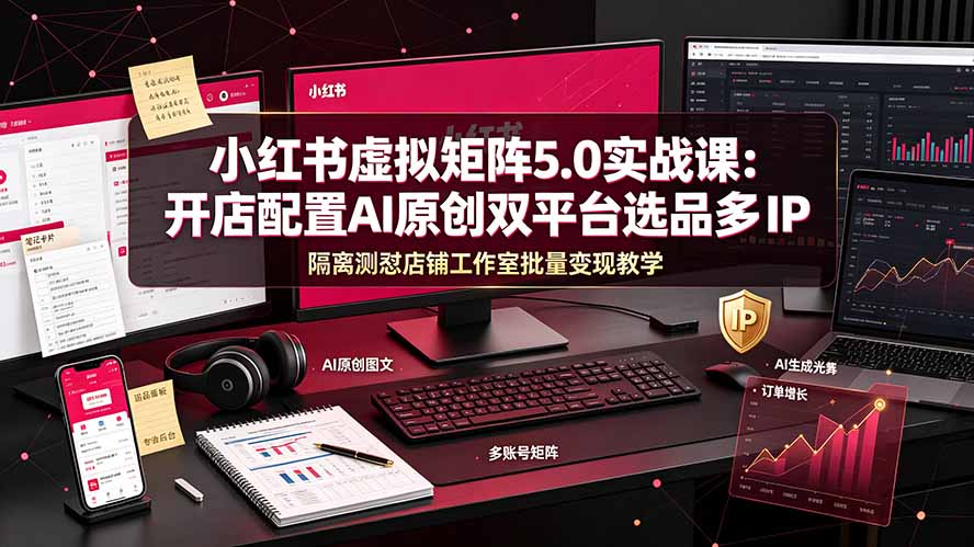 小红书虚拟矩阵5.0实战课：开店配置｜AI原创｜双平台选品｜多IP隔离｜测怼店铺工作室批量变现实操教学-heixxmi